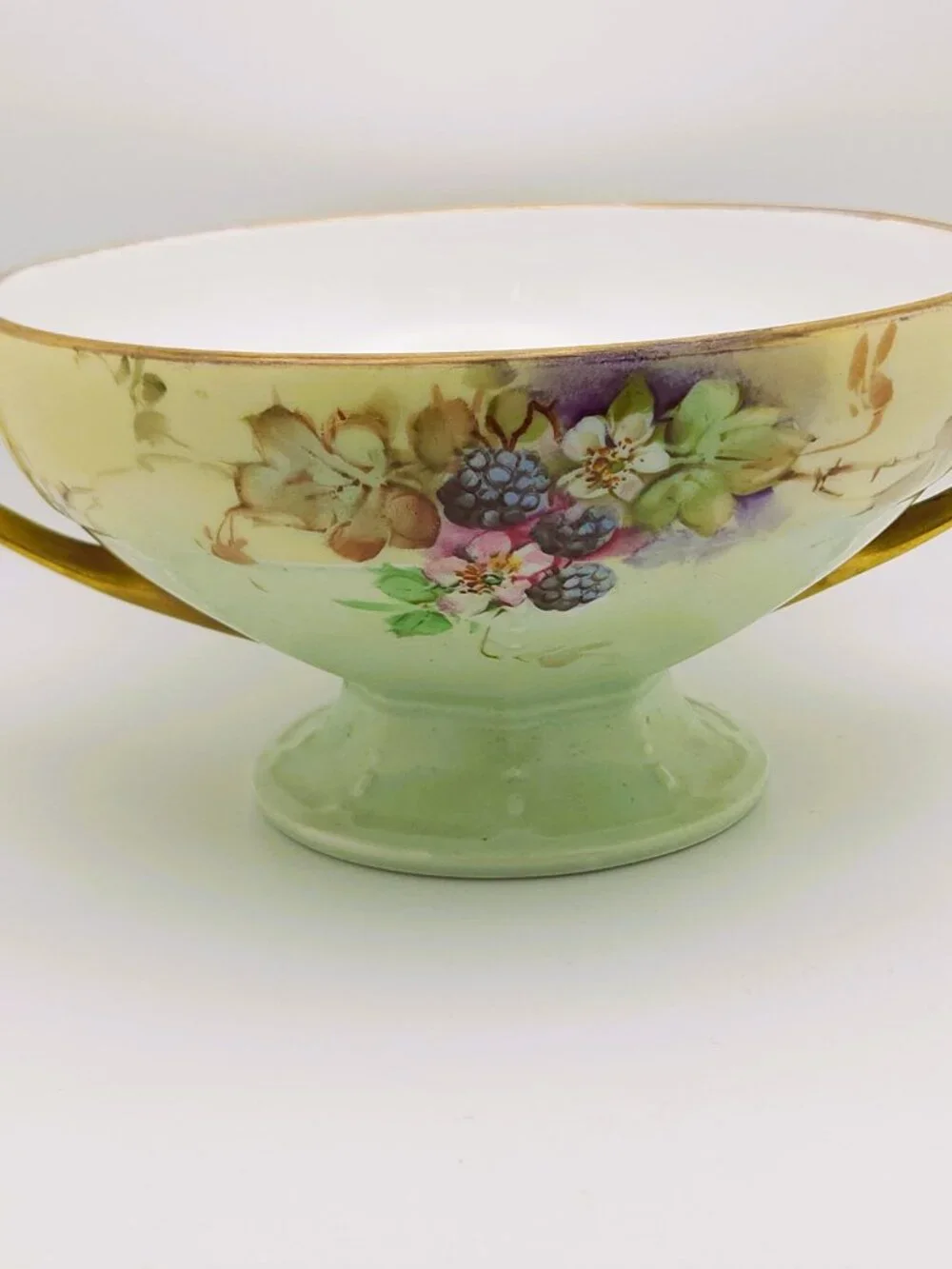 Antique MZ Austria Moritz Zdekauer Blackberry Floral Pedestal Bowl Gold Handles